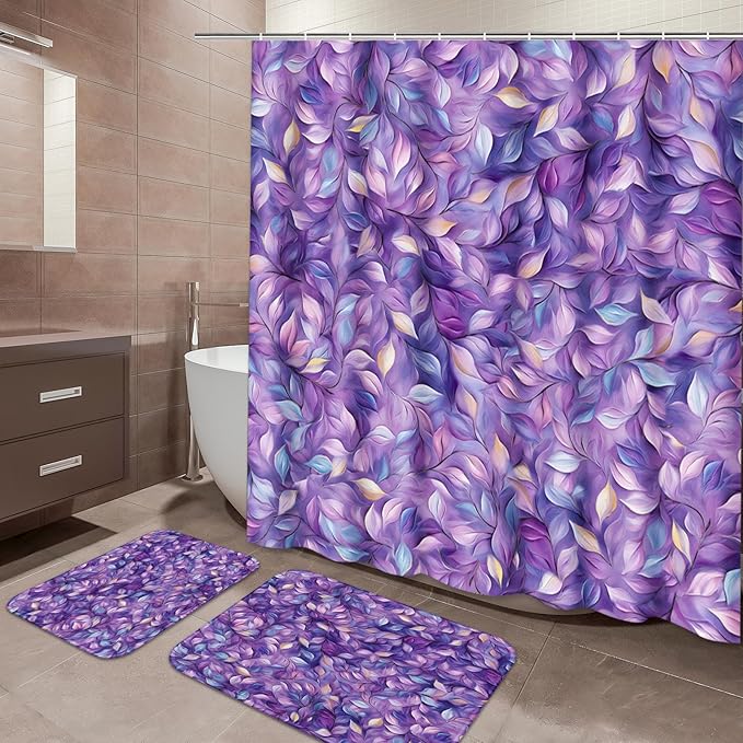 ArtSocket Purple Plant Leaves Bathroom Set with Shower Curtain and Bath Rugs and Accessories,Oil Painting Art Non-Slip Shower Curtain Set,Bathroom Decor 3 Pcs