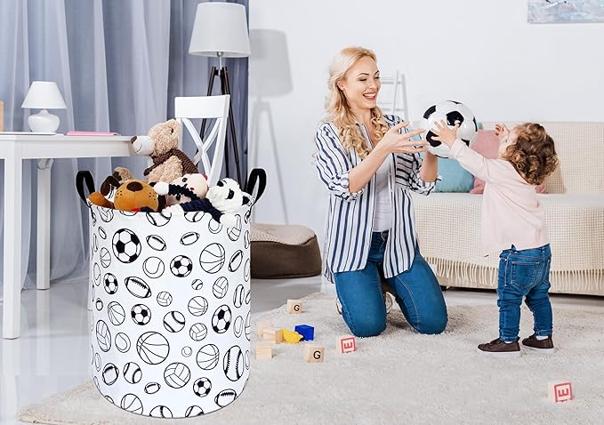 KUNRO Round Laundry Gift Basket Storage Hamper, Clothes Storage Organizer Bins, Shelf Basket with Handles for Room Decor (Sports ball)