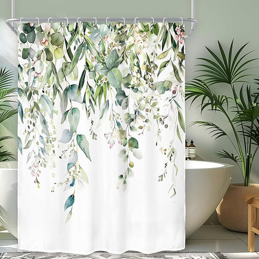 Riyidecor Small Green Eucalyptus Leaves Shower Curtain for Bathroom Decor 54Wx78H Single Standing Plants Watercolor Floral Rustic Botanical Art Printed Fabric Polyester Waterproof 12 Pack Plastic