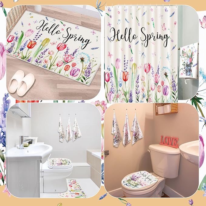Drydiet 7 Pcs Spring Floral Shower Curtain Set Hello Spring Tulip Design with Non-Slip Rugs Bath Towels U-Shaped Mat Toilet Lid Cover and 12 Hooks 71x71 Inch Waterproof for Home Bathroom Decor
