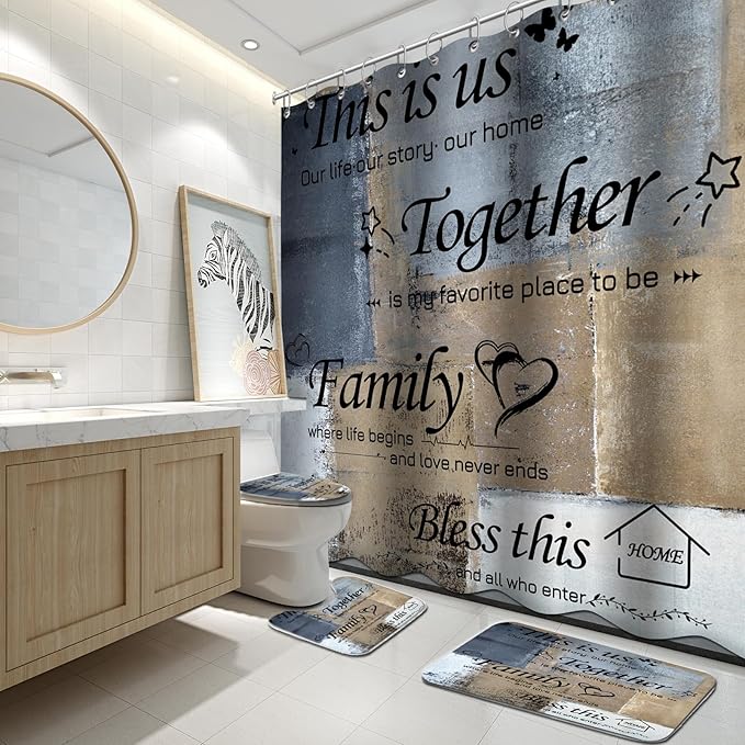 Lnond 4Pcs Bathroom Shower Curtain Sets with Rugs, Navy Blue and Brown Motivational Home Family Bathroom Sets with Shower Curtain and Rugs and Accessories