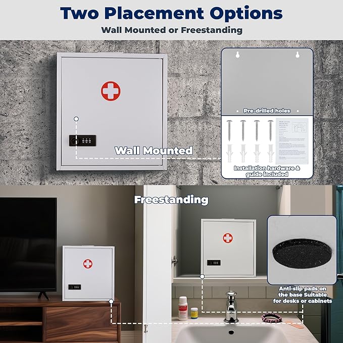 Metal Medicine Cabinet with Combination Lock, Wall Mounted Freestanding Locking Medicine Box, Secure Medication Storage for Home Office Clinic School