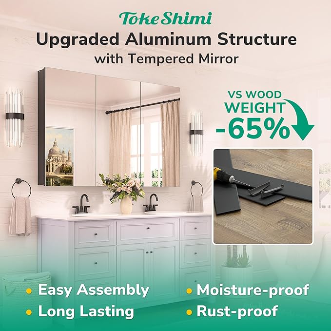 TokeShimi 20 x 32 Recessed Medicine Cabinet Mirror Surface Mount Aluminum, Tempered Frameless Bathroom Mirror with Storage Adjustable, Black Bathroom Wall Cabinet for Vanity Modern
