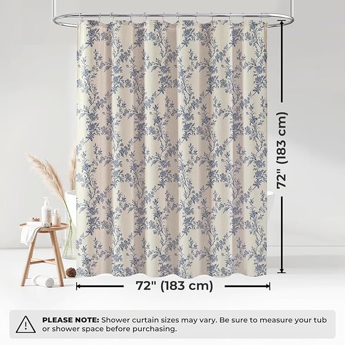 Blue Floral Farmhouse Vintage Linen Shower Curtain, French Country Cottagecore Shower Curtain for Bathroom