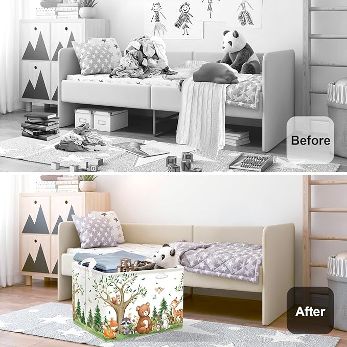 Forest Animals Laundry Hamper Woodland Tree Large Storage Basket Parents Organizer Kids Clothes Toy Bins for Bedroom, Bathroom, Bear, 36L