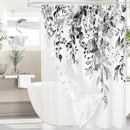 Gibelle 3 in 1 Shower Curtain Set, 72x72 Black Eucalyptus Bath Curtain and PEVA Liner Set with 12 Metal Hooks, Waterproof Fabric Bathroom Curtain