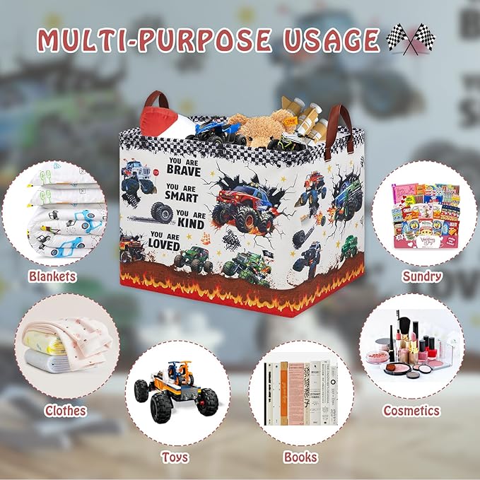 Monster Truck Storage Laundry Basket, Kid Room Decor for Boys,Rectangular Gift Bag Toy Box Shelf Basket ,Collapsible Clothes Book Organizer Bin,Easter Gifts Basket