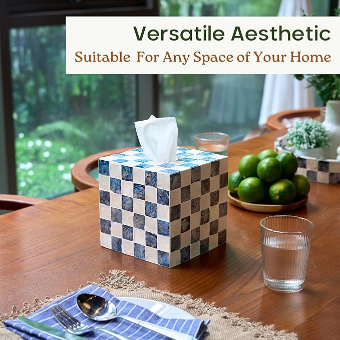 CHI AN HOME 5.7" Square Tissue Box Cover, Handmade Checkered Cube Tissue Box Cover with Capiz Shells, Decorative Tissue Holder for Living Room, Bathroom, Bedroom or Office (Navy Blue)