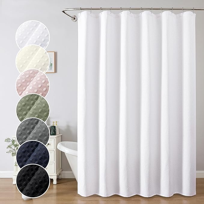 OWENIE White Shower Curtain 96 Inch Extra Long, Waffle Weave Textured Fabric Bathroom Curtains, Water Repellent Thick Soft Hotel Spa Luxury Elegant Bath Curtain, Machine Washable, White, 72x96 Inch