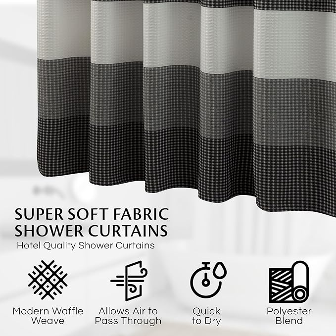 Dainty Home Waffle Weave Waterproof Shower Curtains, Black 70" x 72", Bath Curtains, Shower Curtain Waterproof Fabric with 12 Roller Ball Hooks