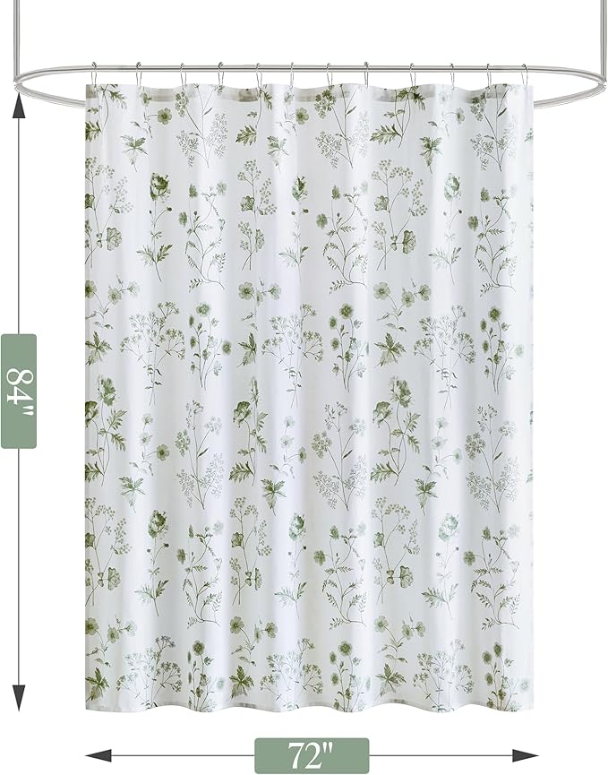 Martha Stewart Martha's Garden Shower Curtain Botanical Floral Print Cotton Shower Curtain for Bathroom, Spa Quality Modern Shower Curtains Standard Size, 72x84 Sage Green
