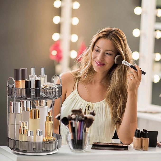 INVSSENE 360° Rotating Makeup Organizer, Bathroom Make Up Spinning Holder Rack, Large Capacity Cosmetics Storage Vanity Shelf Countertop, Fits Cosmetics, Perfume, Skincare, Lipsticks(2 Tiers, Gray)