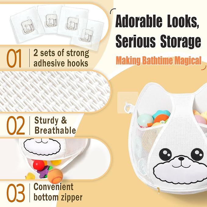 Austion Bath Toy Storage 3.2-Gallon Hanging Bath Toy Holder for Kids‘ Bath Tub – Zippered, Quick-Drying and Machine-Washable Bathroom Organizer