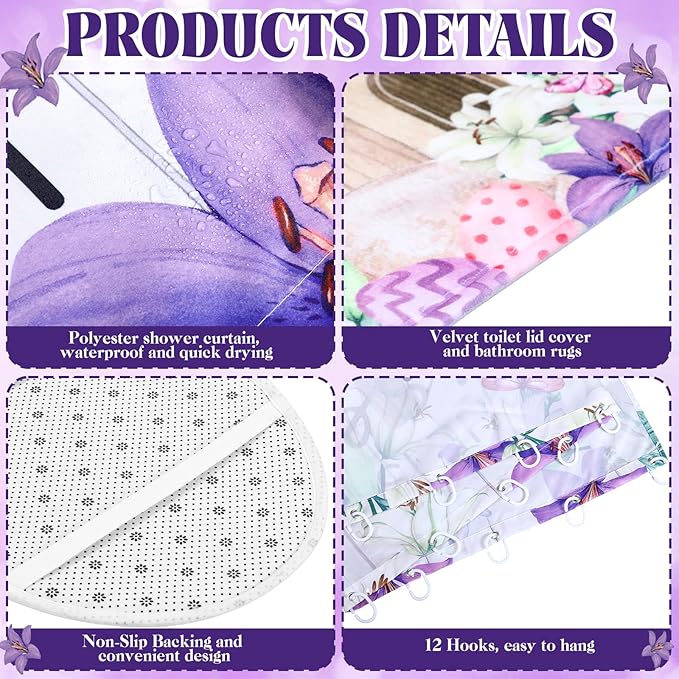FuWeave 8 Pcs Easter He is Risen Shower Curtain Set for Bathroom Include Christian Lamb Cross Bunny Egg Shower Curtain Towels Non Slip Rugs Toilet Lid Cover Bath Mat and 12 Hooks for Bathroom Decor