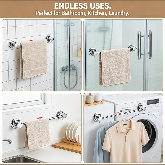 JiePai 17-28” Extendable Suction Cup Towel Bar - Rustproof Adjustable Bath Towel Rack, No Drilling Removable Vacuum Towel Rail for Bathroom, Shower Door (Suction Cup, Chrome)