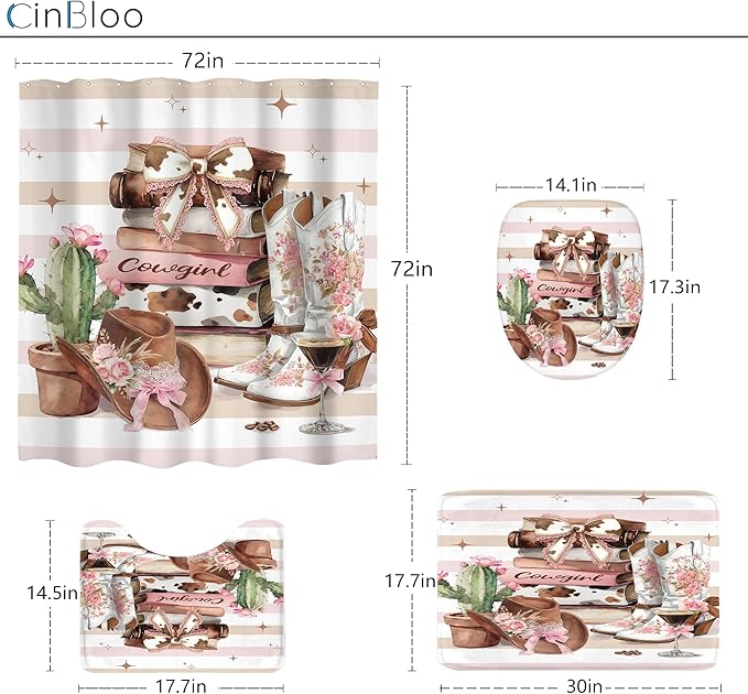 Cinbloo 4Pcs Brown Pink Shower Curtain Set,Western Cowgirl Fashion Boots Cactus Striped Hats Floral Books Bathroom Curtain with Rug, Toilet Lid Cover, Bath Mat,Women Girls Shower Curtain with 12 Hooks