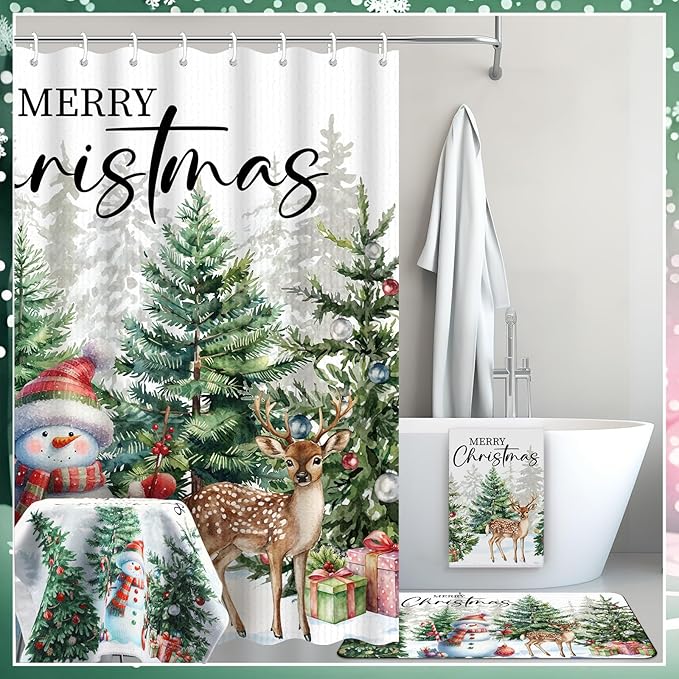 Nuanchu 6 Pcs Christmas Shower Curtain Set with Rug Bathroom Sets with Shower Curtain Bath Mat U Shaped Mat Toilet Lid Cover 2 Bath Towels and 12 Hooks White Christmas Snowman Bathroom Decor