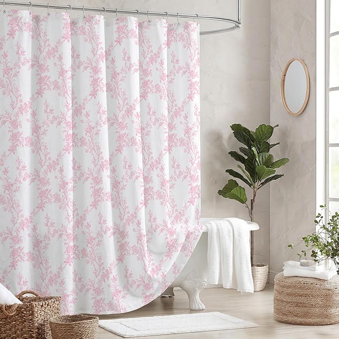 Pink Floral Shower Curtain, Vintage Cotton Linen Cottagecore Shower Curtains for Bathroom