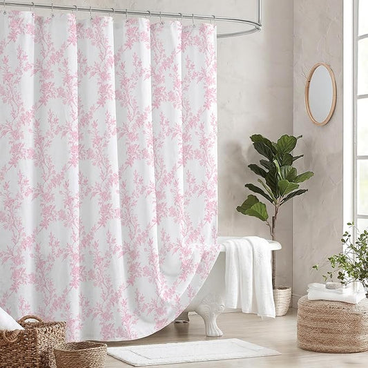 Pink Floral Shower Curtain, Vintage Cotton Linen Cottagecore Shower Curtains for Bathroom