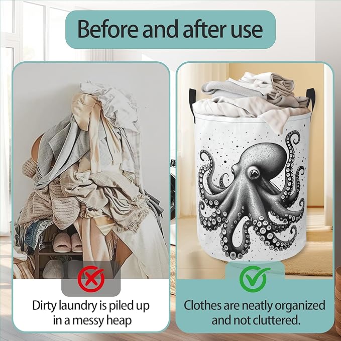 Octopus Round Laundry Hamper Storage Basket Toys Clothes Organizer Bin For Home Bathroom Bedroom Dorm Nursery