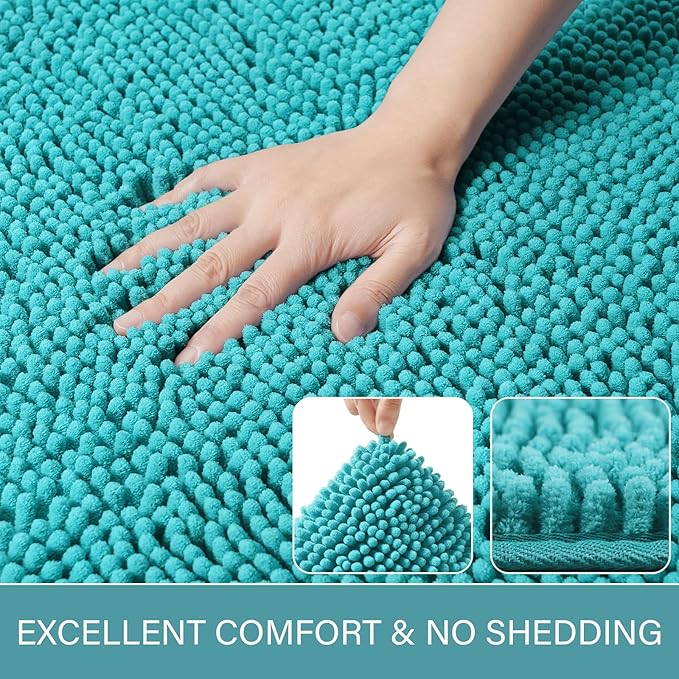 LOCHAS Luxury Bathroom Rug Shaggy Bath Mat 24 x 44 Inch, Washable Non Slip Bath Rugs for Bathroom Shower, Soft Plush Chenille Absorbent Carpets Mats, Teal Blue