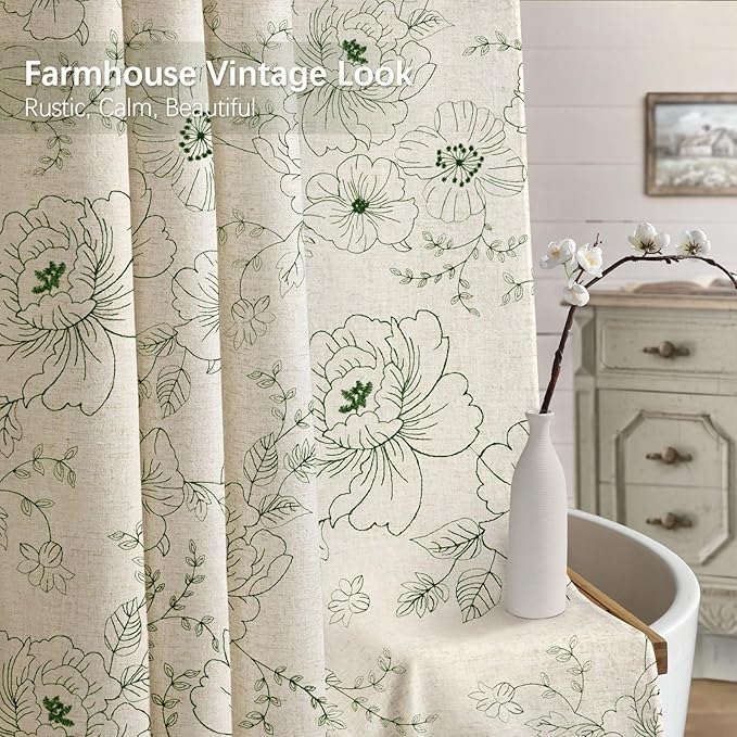 Farmhouse Floral Linen Shower Curtain, Vintage Green Embroidered Pattern Rustic Shower Curtains for Bathroom, Tan Taupe,72x72