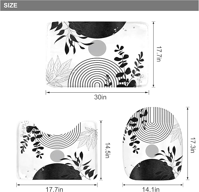 Riyidecor Mid Century 4Pcs Bathroom Shower Curtain Sets Abstract Aesthetic Geometric Minimalist Bathroom Decor Set with Rugs and Accessories Modern Toilet Lid Rug, Contour and Bath Mat with 12 Hooks