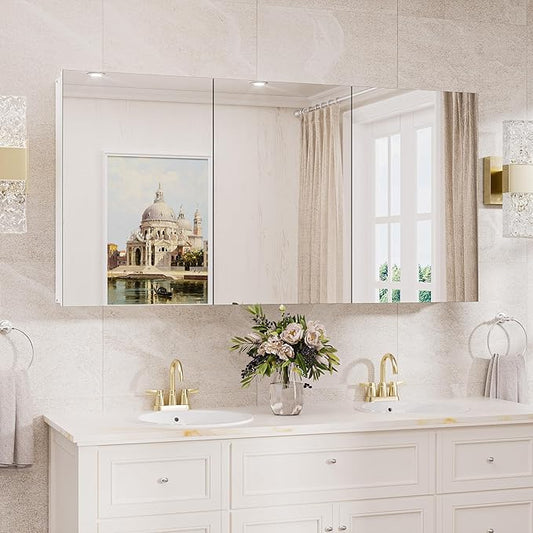 TokeShimi 48x24 Medicine Cabinet Mirror with Storage Tempered, Aluminum Surface Mount or Recessed Medicine Cabinet White with Adjustable Shelves for Bathroom Vanity Modern Farmhouse