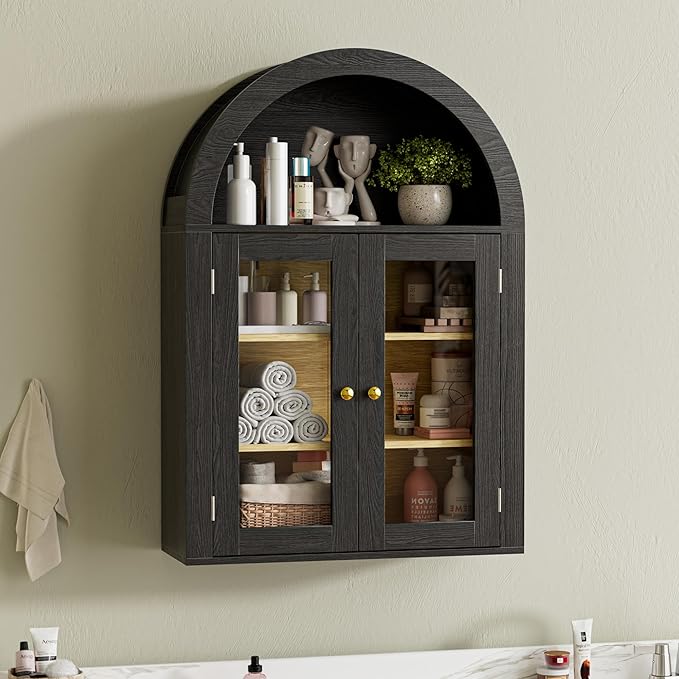 BREEZEHEAT Arched Medicine Cabinet with Glass Doors, Adjustable Shelf, Wall Mounted Bathroom Storage Cabinet Over Toilet, Black Wood Grain, 23.6''W × 31.5''H