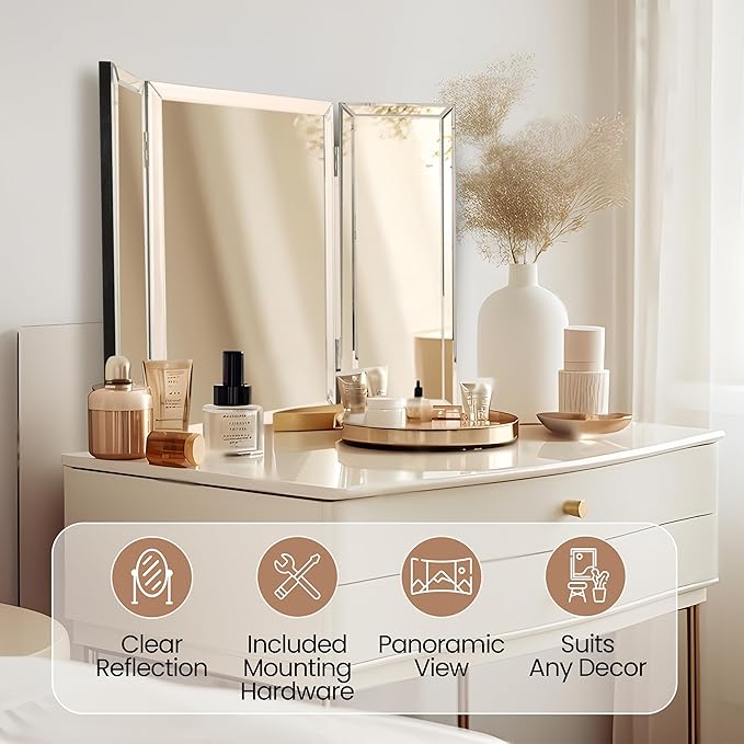 Houseables Trifold Mirror, Trifold Vanity Mirror, 3 Way, Three Way Folding, Tri Fold, for Braiding Hair, 3way, 3 Sided, Three Panel, Triple, Tabletop, Wall, Bathroom, Bedroom, Makeup, 360, 28 x 40 in