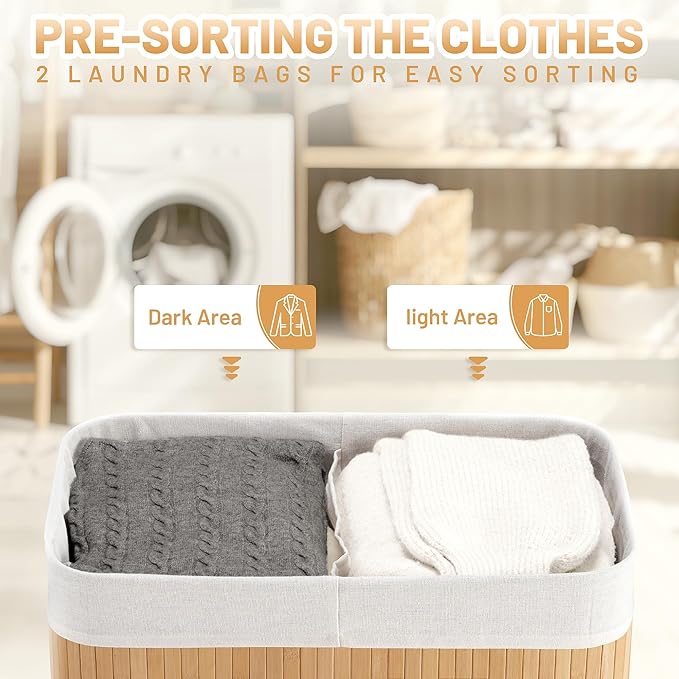 Aliphon 100L Laundry Hamper with lid, 2-Section Clothes Laundry Basket with Handles, Large Collapsible Bamboo Baskets for Bedroom, Bathroom, Dorm, Natural Beige