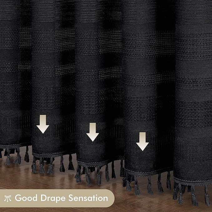 OVZME Black Boho Stall Shower Curtain, Narrow Soft Fabric Striped Linen Textured Bathroom Shower Curtain with Tassel, Modern Farmhouse Machine Washable Bath Decor, Black, 36Wx72L Inches