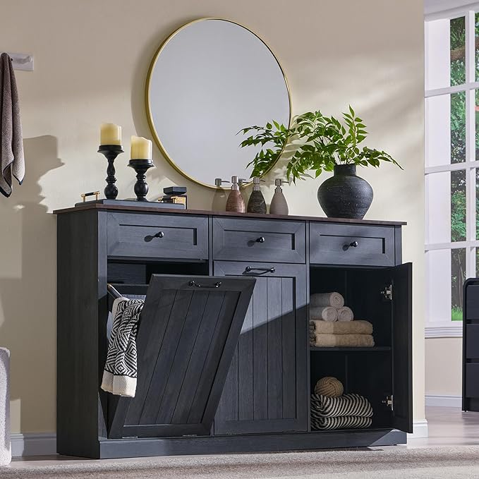 IFBUY Triple Tilt Out Laundry Hamper Cabinet, 20 Gallon Farmhouse Trash Can Cabinet w/Drawer & Adjustable Shelf, Hidden Garbage Can Bin Cabinets w/Laundry Basket for Bathroom, Kitchen (Dark Grey)