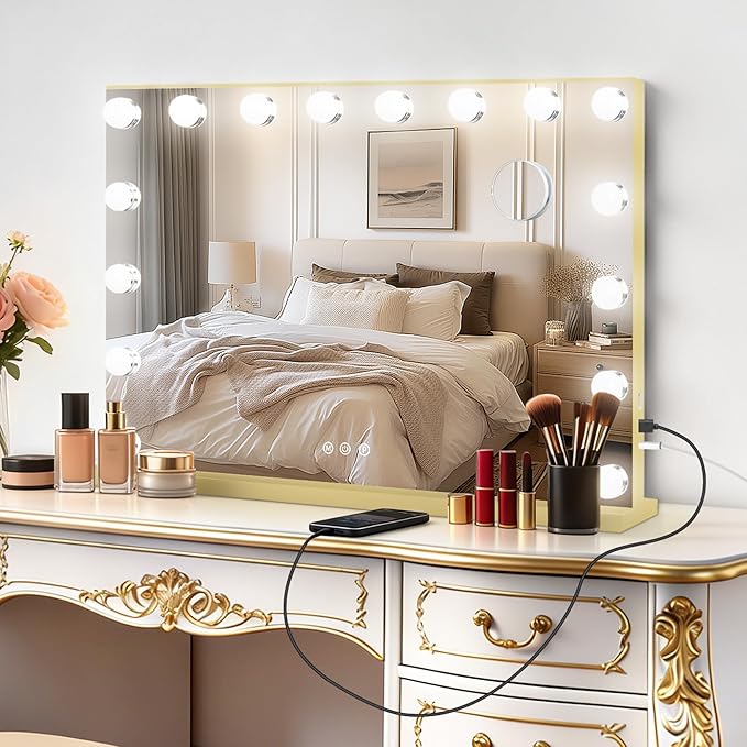 Moonee Gold Vanity Mirror with Lights, Hollywood Lighted Makeup Mirror with 17 Dimmable Bulbs and 10X Magnification, 3 Colors Modes, Aluminum Metal Frame, Light Up Mirror for Tabletop/Wall（26" x 20"）