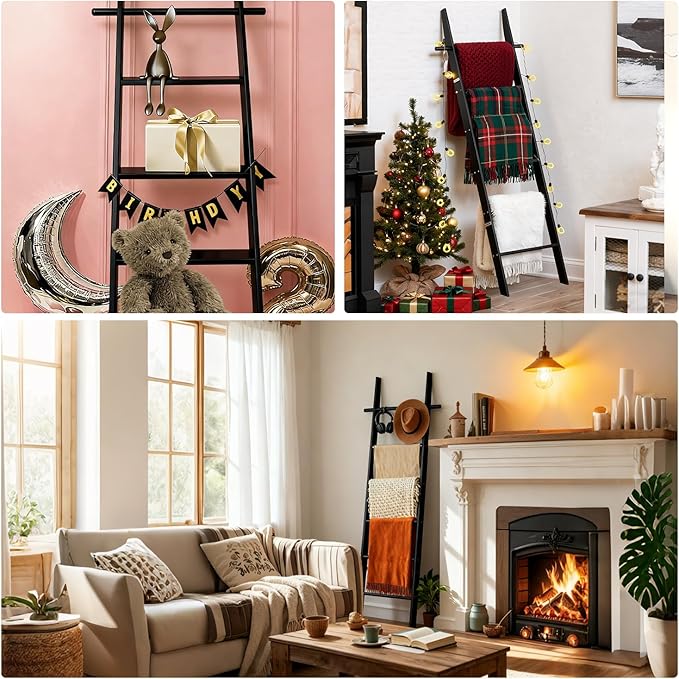 Farmhouse Wooden Blanket Ladder with Removable Hooks, 6-Tier Rustic Blanket Rack Decorative Stand, Leaning Towel Quilt Display Holder Storage for Bathroom Living Room Decor Black