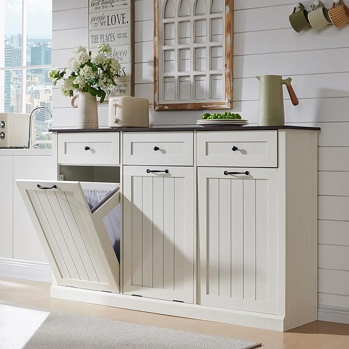 IFBUY Triple Tilt Out Laundry Hamper Cabinet, 20 Gallon Farmhouse Trash Can Cabinet w/Drawer & Adjustable Shelf, Hidden Garbage Can Bin Cabinets w/Laundry Basket for Bathroom, Kitchen (Antique White)