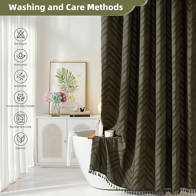 Boho Shower Curtain with Tassel Woven Fabric Olive Green Shower Curtain 72 x 72 Modern Farmhouse Textured Tufted Chevron Striped Minimalist Bathroom Shower Curtains
