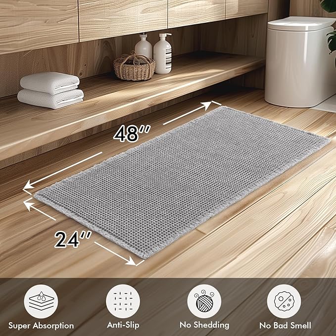 MIULEE Set of 2 Waffle Bathroom Runner Rugs, Boho Bath Rugs Non Slip Washable, Super Absorbent Bath Mats, Rubber Backed Shower Mats for Hallway Bedroom Laundry Room, Light Grey, 2'x4'(24x48 Inch)