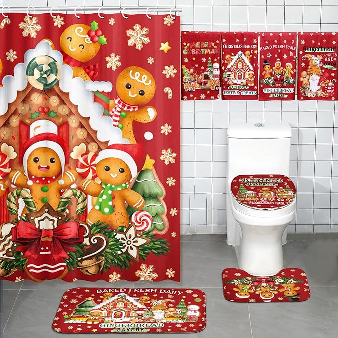 FuWeave 8 Pcs Christmas Shower Curtain Set Xmas Santa Bathroom Decoration Christmas Tree Hand Towels Snowman Toilet Lid Cover Bathroom Rugs Xmas Shower Curtain with Hooks(Gingerbread Man)