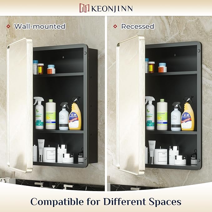Keonjinn Brushed Nickel Medicine Cabinet for Bathroom, 16 x 24 Inch Medicine Cabinet with Mirror, Stainless Steel Framed, Stepless Adjustable Shelves, Recessed or Wall Mount, Sturdy, Rounded Rectangle