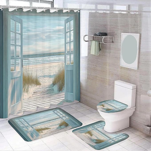 4 Pcs Blue Beach Barn Door Shower Curtain Set, Rustic Country Ocean Coastal Seaside Scenery Decor Bathroom Rug Sets, Retro Teal Wood Non Slip Rugs Toilet Lid Cover Bath Mat with Hooks