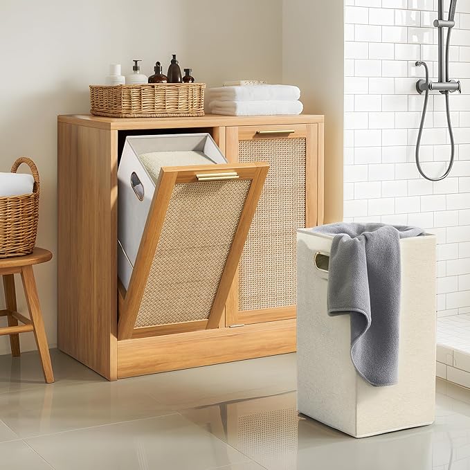 Laundry Cabinet, Bathroom Cabinet with with Breathable Real Rattan Design, Clothes Storge Basket with 2 Removable Laundry Baskets, Bathroom Storage Unit, Anti-tip, 66 x 39,5 x 68 cm, Naturel
