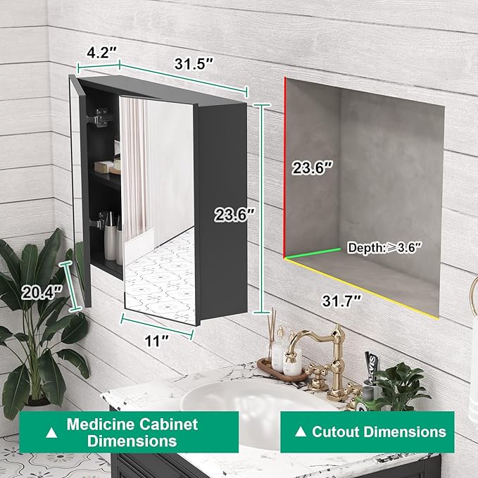 32 x 24 Farmhouse Medicine Cabinet, Tempered Frameless Bathroom Mirror with Storage, Black Recessed or Surface Mount Aluminum Medicine Cabinet for Bathroom Modern