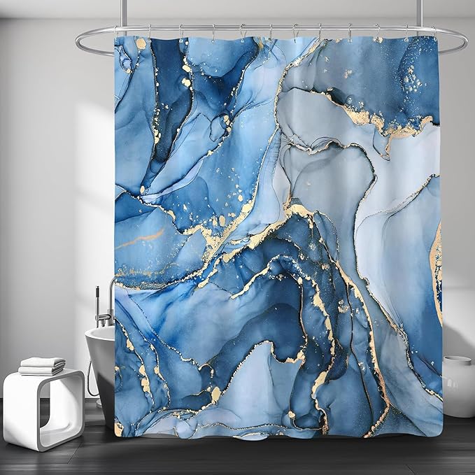 NBVKO 4 Pcs Blue Marble Shower Curtain Sets with Rugs Gold Bathroom Sets with Shower Curtain and Rugs Modern Abstract Bathroom Decor Accessories Shower Curtains for Bathroom Toilet Lid Cover