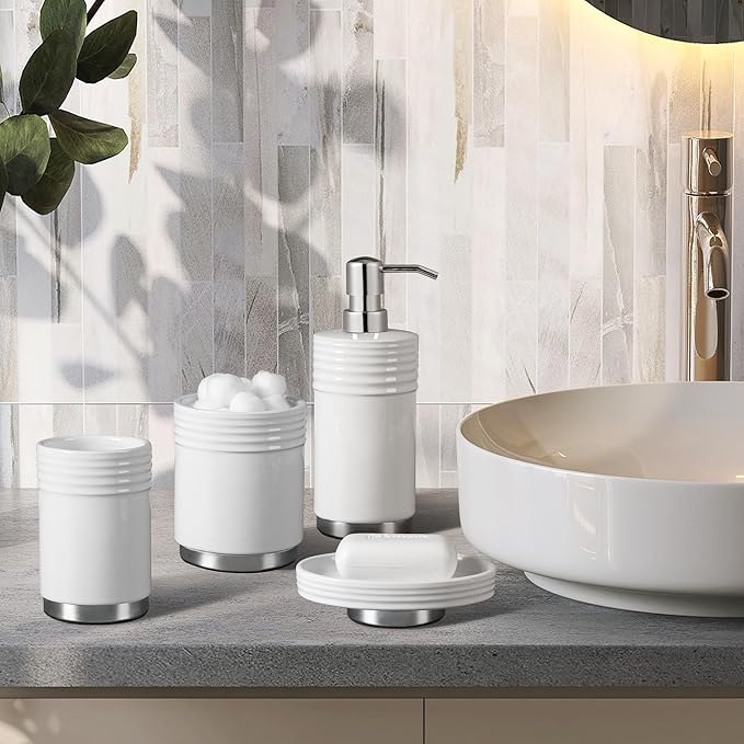 RQYIXI Bathroom Accessories Set 4 Pieces Ceramic Bathroom Accessory with Metal Base Set Contain Soap Dispenser Cotton Swab Jar Toothbrush Cup Soap Dish