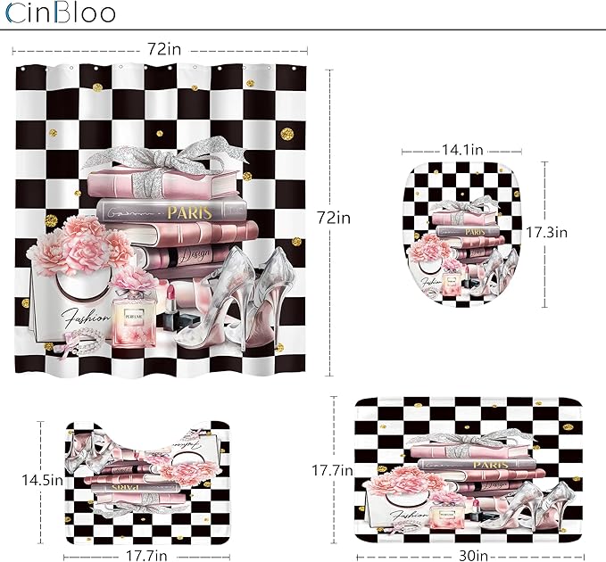 Cinbloo 4Pcs Black White Checkered Shower Curtain Set, Pink Fashion Flower Perfume High Heels Books Bathroom Curtain with Rug, Toilet Lid Cover, Bath Mat, Women Girl Shower Curtain with 12 Hooks