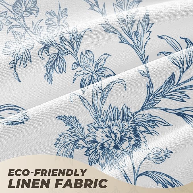Blue Floral Shower Curtain, Cotton Linen Cottagecore Shower Curtains for Bathroom