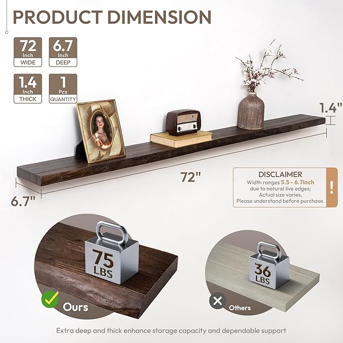 Marsmiles 72 inch Floating Shelves for Wall Elm Wood Live Edge Shelves Wall Mounted|Rustic Long Floating Shelves with Invisible Bracket for Bathroom Living Room Kitchen|Walnut, 1 Pack
