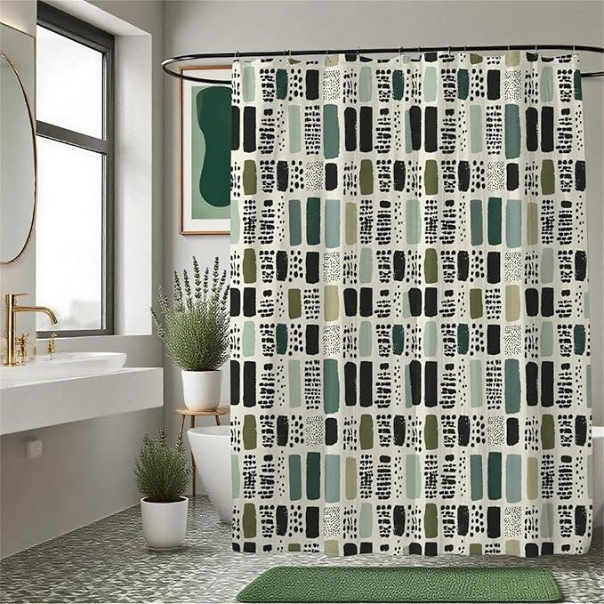 Sage Green Shower Curtain for Bathroom,Bohemian Green Checkered Waterproof Polyester Shower Curtain,Funny Sage Geometric Bathroom Decor,72x72 Inch