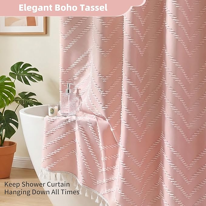 Extra Long Pink Shower Curtain with Tassel, Woven Fabric 90 in, Tufted Chevron Striped, 72 x 90, Modern Chic Textured Minimalist Bathroom